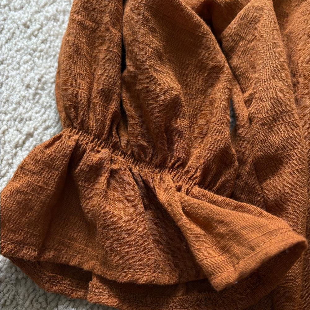 Kaktus Terracotta Blouse Smocked Yoke Ruffled Cuff Lace Trim Boho Peasant Chic - Picture 4 of 9